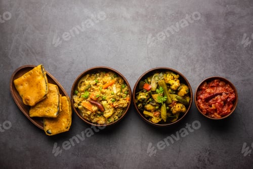 Preview: Bengali Bhog food for Indian Hindu Durga Puja or pooja festival. Khichadi, labra, tomato chutney