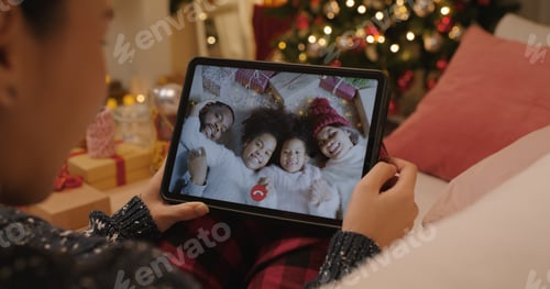 Preview: X'mas asia happy woman relax smile laugh greet in digital tablet screen remote talk to child kid