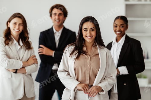 Preview: Leadership and entrepreneurship career. Positive latin businesswoman leader standing in front of