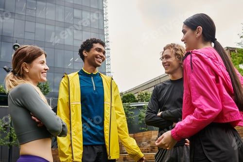 Preview: Energetic young athletes engaging in a lively conversation at a sports venue in the city