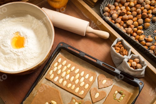 Preview: Decorating gingerbread cookies nuts just before baking