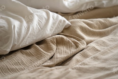 Preview: High angle shot of a bedsheet and white pillow in the bed