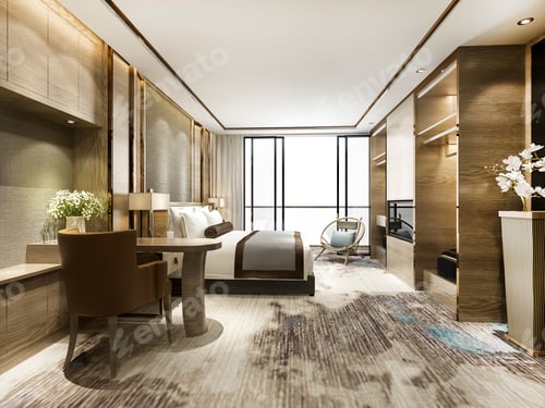 Preview: 3d rendering luxury classic modern bedroom suite in hotel