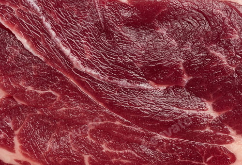 Preview: Detailed close up of fresh raw red meat texture with white fat marbling.