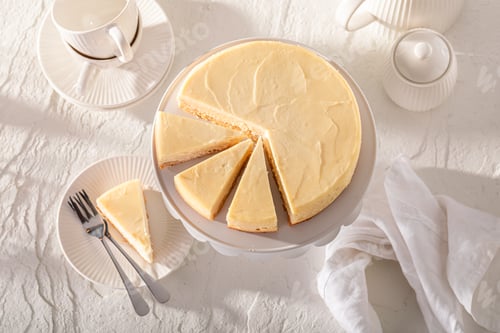 Preview: Tasty and fresh New york cheesecake served on white table.