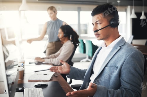 Preview: Customer service consulting, computer problem and man telemarketing with contact us CRM fail or tel