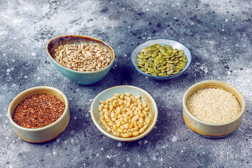 Preview: Various seeds - sesame, flax seed, sunflower seeds, pumpkin seeds for salads.