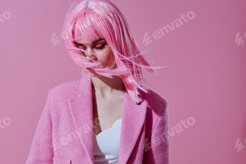 Preview: Positive young woman attractive look pink wig stylish clothes pink background unaltered