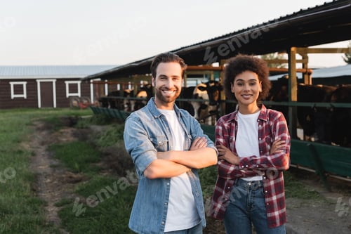 Preview: happy multiethnic farmers standing with crossed arms near blurred cowhouse