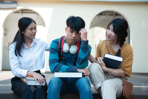 Preview: Friends comforting stressed student on campus