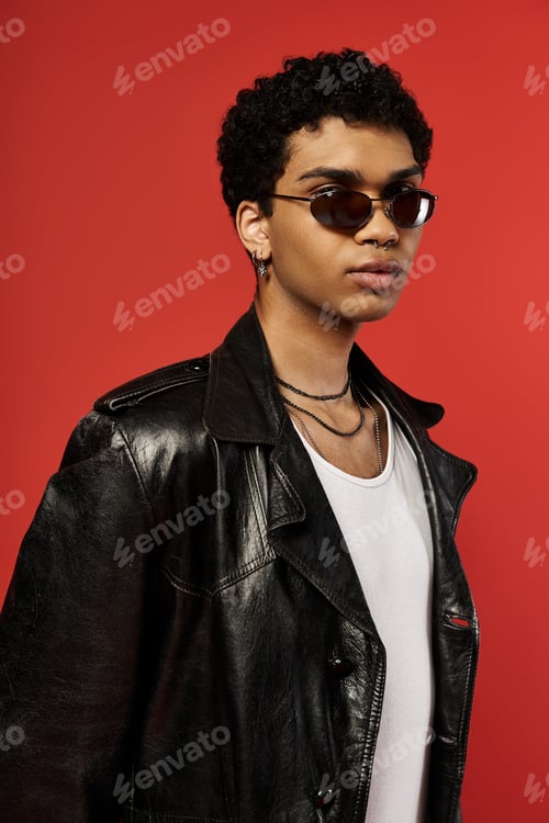 Preview: Sleek Style: Young Man in Leather Jacket and Sunglasses