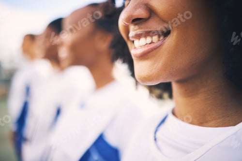 Preview: Sports, netball and row of women with smile ready for training, exercise and practice workout on co