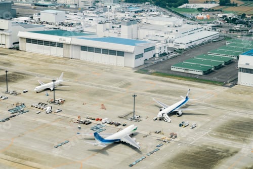 Preview: Planes on the ground viewed from above at Narita airport, Tokyo, Japan.