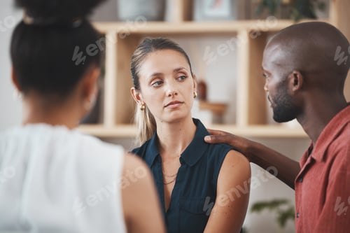 Preview: Support, help and trust with business people and empathy for sad woman in therapy consulting for de