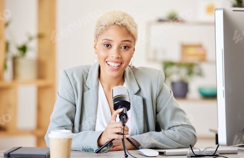 Preview: Business podcast, interview and radio, office desk and live streaming news, broadcast conversation