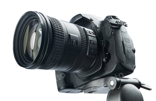 Preview: DSLR camera on tripod, isolated white background