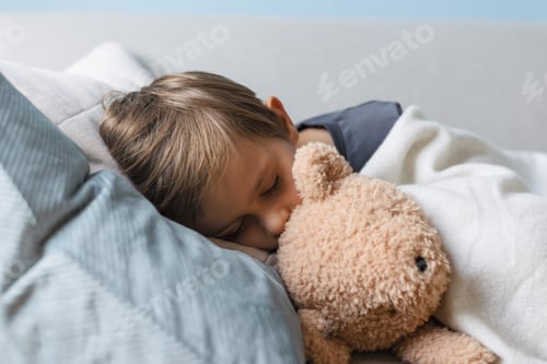 Preview: Preschool boy sleeps on the sofa in the living room, hugging his teddy bear.