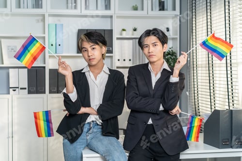 Preview: Portrait of Asian businessman gay working in office, holding LGBT flag.