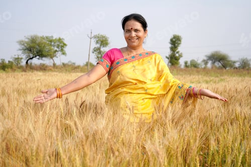 Preview: Beautiful young Indian woman wear in saree at the wheat field