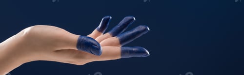 Preview: cropped view of female hand with painted fingers isolated on blue, panoramic shot
