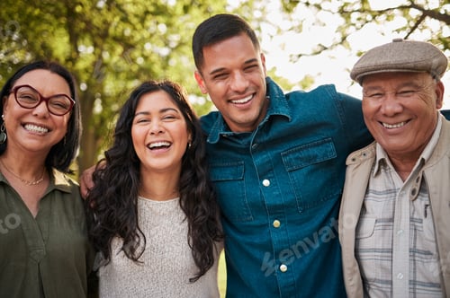 Preview: Portrait, mature parents and family laughing at funny comedy, nature humour or joke about park jour