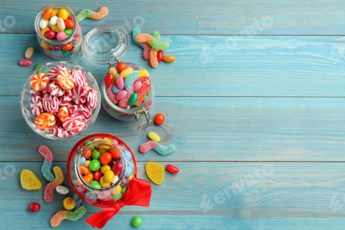 Preview: Jars with different delicious candies on light blue wooden table, flat lay. Space for text