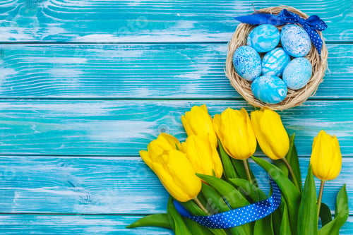 Preview: Easter eggs and tulips. Festive decoration on wood background. Holiday card with copy space