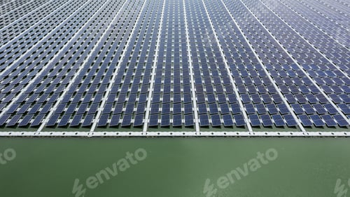 Preview: Aerial view of floating solar panels on a river, part of a hydroelectric power plant.
