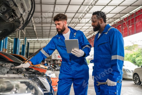 Preview: Team Auto mechanic are checking and repair auto engine at car repair shop.
