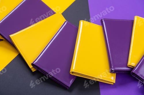Preview: flat lay of bright wallets on a matte black background