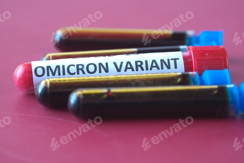Preview: omicron variant corona virus blood test tube on red background