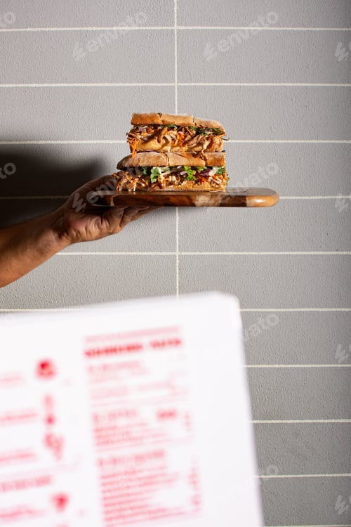 Preview: Gourmet sandwiches. Handmade bread. Sandwich shop. Cold cuts and vegetables. Sandwich restaurant.