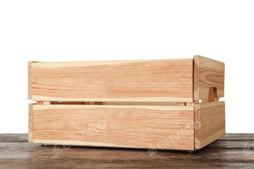 Preview: Empty rustic wooden crate on table against white background