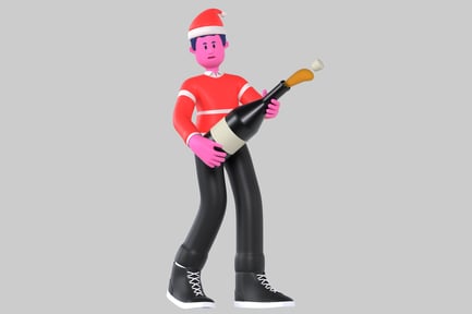 Preview: A man in a Santa hat holding a bottle of wine.