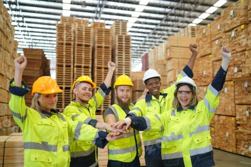 Preview: Hands, teamwork in factory for motivation, inspiration and diversity in at work.