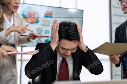 Preview: Stressed overwhelmed business worker feels tired at work overload exhausted suffering from headache