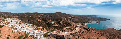 Preview: Kythira island, Greece. Aerial drone panorama of Kythera Chora and Kapsali twin bay coast