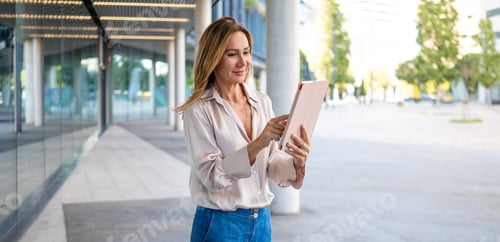 Preview: Businesswoman using digital tablet outdoors in city