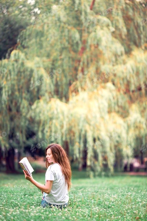 Preview: Relaxed young woman reading book