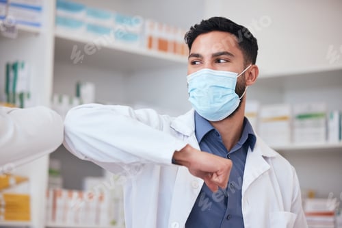 Preview: Man, elbow greeting and pharmacist with healthcare, social distancing or covid regulations. Person,