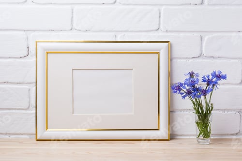 Preview: Gold decorated frame mockup with cornflower