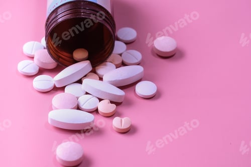 Preview: bottle of colorful pills on pink background