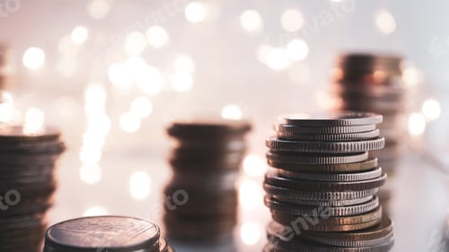 Preview: Rows Of Money Coins On Light Bokeh For Finance , Money , Investment And Business Concept Background