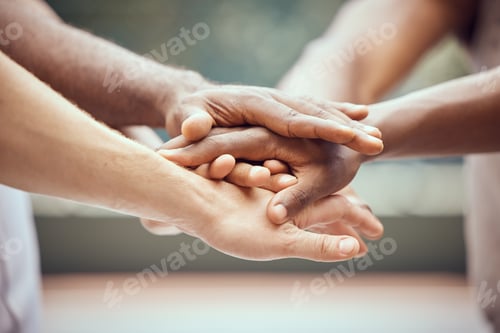 Preview: Community, support and hands in team building with employee collaboration outdoors together. Divers