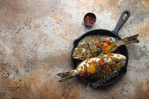 Preview: Raw fish dorado stuffed with vegetables for healthy cooking top view