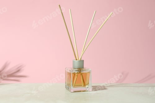 Preview: Diffuser bottle with sticks against pink background