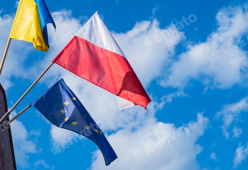 Preview: solidarity flag Poland and Ukraine in the European Union against the sky