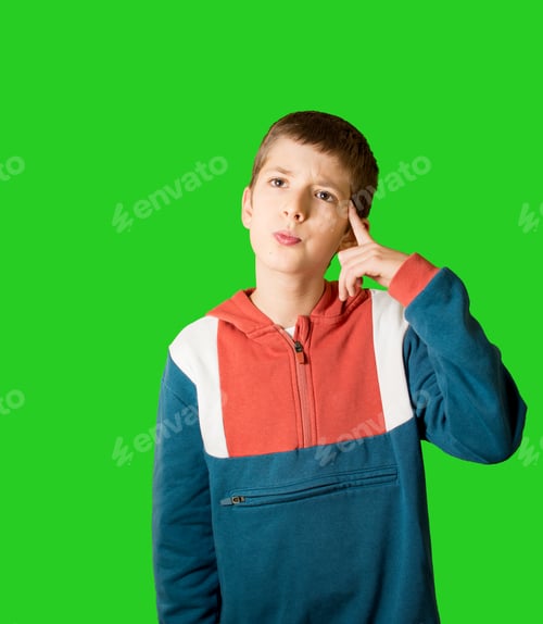 Preview: Photo of smart clever minded small boy wearing coloured sweatshirt look empty space isolated