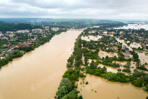 Preview: Aerial view of Dnister river with dirty water and flooded houses in Halych town, western Ukraine