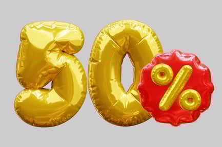 Preview: Fifty Percent Discount With Golden Balloons